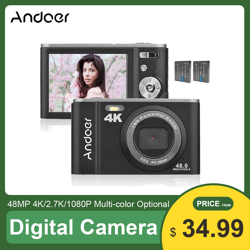 Цифровая мини-камера Andoer 48MP 4K 16X Zoom Автоспуск 128 ГБ Расширенная память