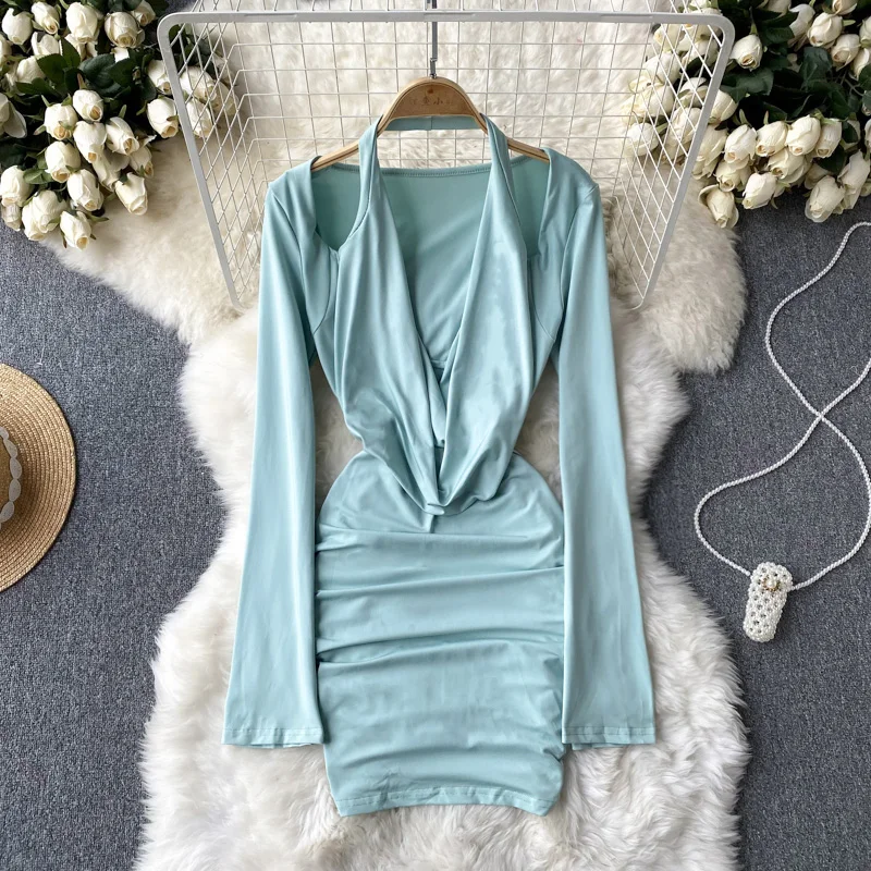 

Autumn New Slim Temperament Long-sleeved Pile Collar Low-breasted Tight Package Hip Hanging Neck Sexy Hot Girl Dress