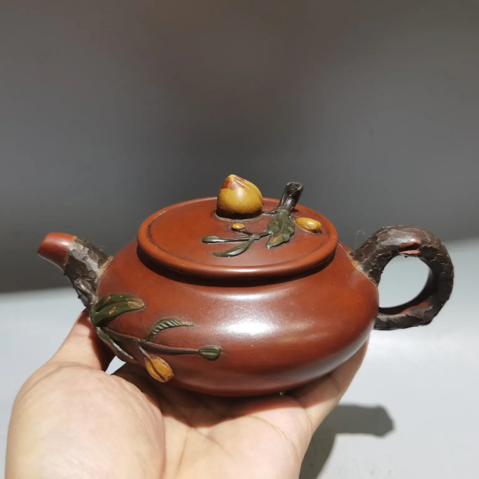 7&quotChinese Yixing Purple Clay Teapot Flat Bottle kettle Longevity peach Flagon Gather fortune Ornaments