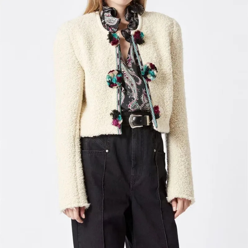 

Women Long Sleeve Bohemian Colorful Pompom Short Jacket Autumn Winter 2021 New O-Neck Lady Outerwear Coats