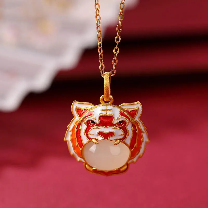 

Women's Retro Tiger Lion Enamel Gold-plated Necklaces Inlaid with White Jade Stone Pendant Necklace Fine Neck Jewelry D1360