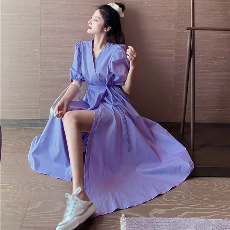 

French Niche V-neck Puff Sleeve Dress Female Temperament Waist Purple Dress 1