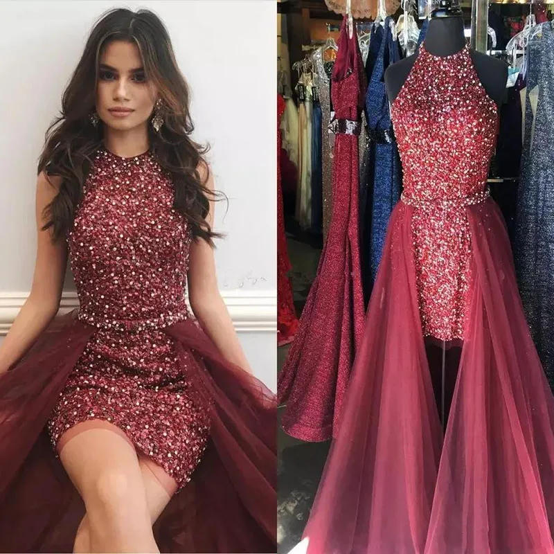 

Sparkly Sequined Mini Burgundy Prom Dresses Jewel Neck Beaded Crystal With Tulle Detachable Train Sheath Party Evening Gown 2023