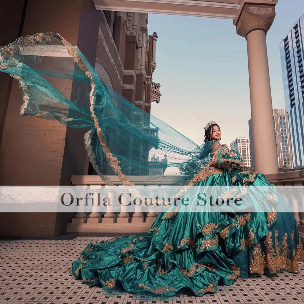 Фото Бальное платье Charro Quinceanera со спущенным яблоком, милое атласное платье для дня рождения с бусинами 16, выпускного вечера, xv платье, корсет на сп... №3