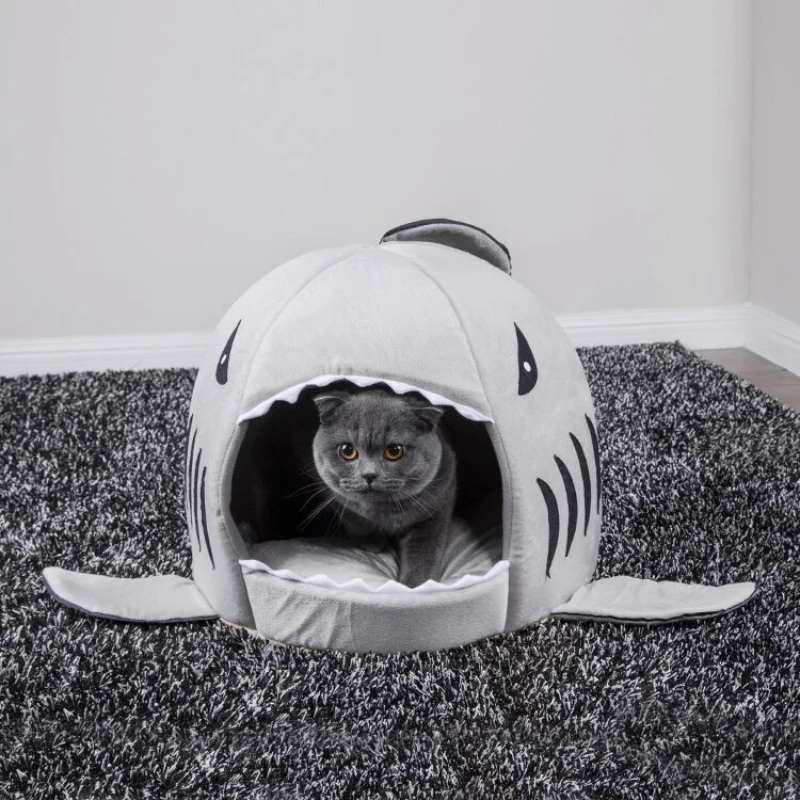 

Warm Pet Sleeping Bed Soft Cat Nest Kennel Kitten Cave Shark Cat House Cute Washable Cat Lounger Cushion Cozy Tent Four Seasons