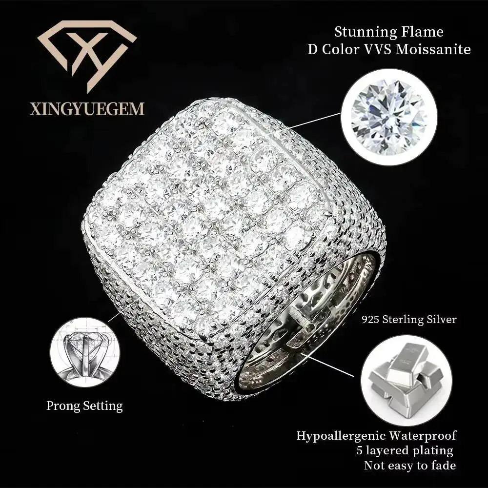 Фото Мужское кольцо Custom Gra Certified Trending S925 из стерлингового серебра с муассанитом, инкрустированное бриллиантами, в стиле хип-хоп, кубинское, большое №3