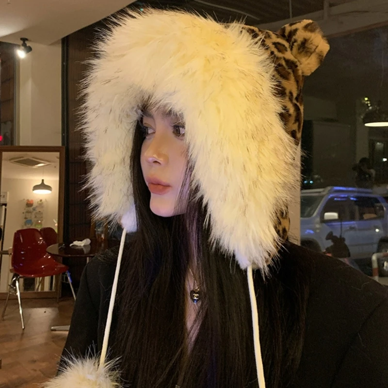 Женская меховая шапка с леопардовым принтом шляпа ушами медведя ветрозащитная