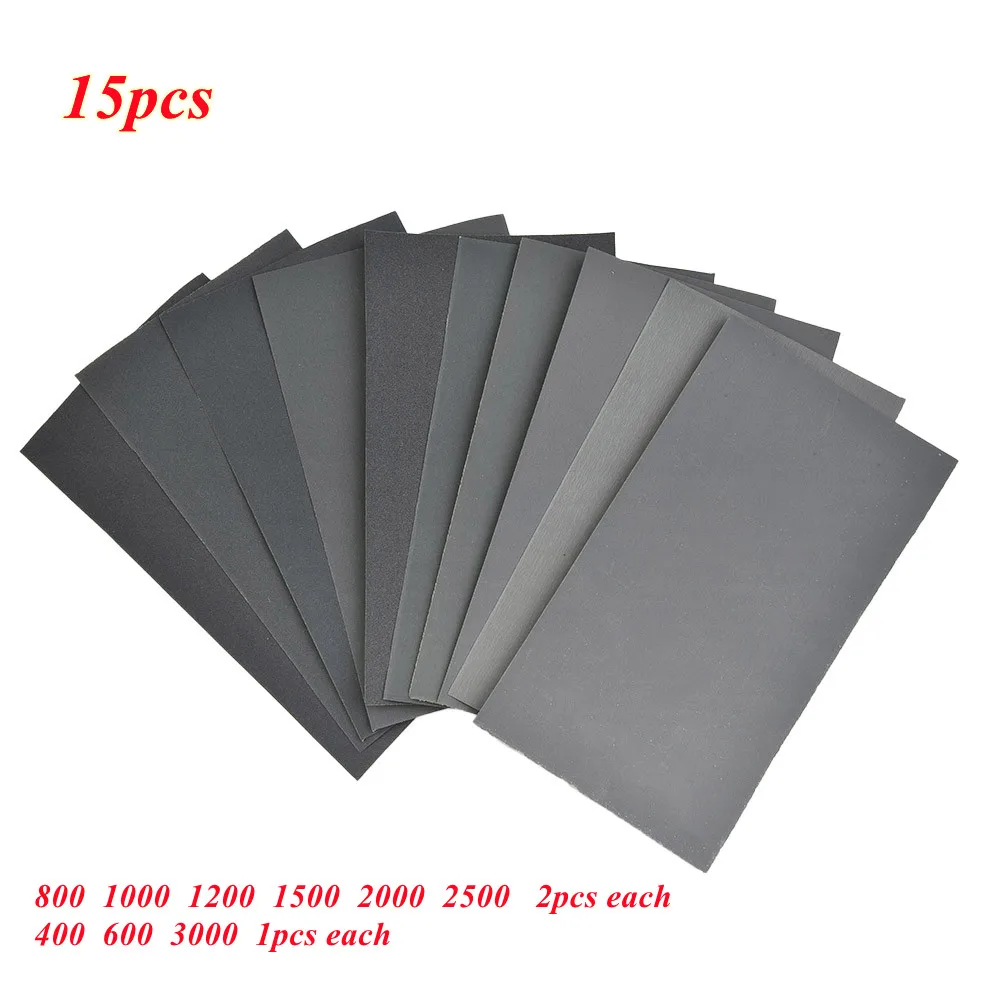 

15pcs/Set Car Surface Sand Paper Sheets Sandpaper Wet/Dry Use 400 600 3000 800 1000 1200 1500 2000 2500 Grit Glass Wood Ceramic