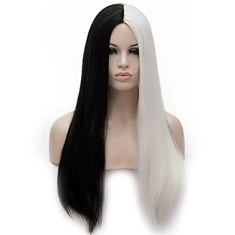 Женский прямой полубелый черный двухцветный длинный синтетический парик