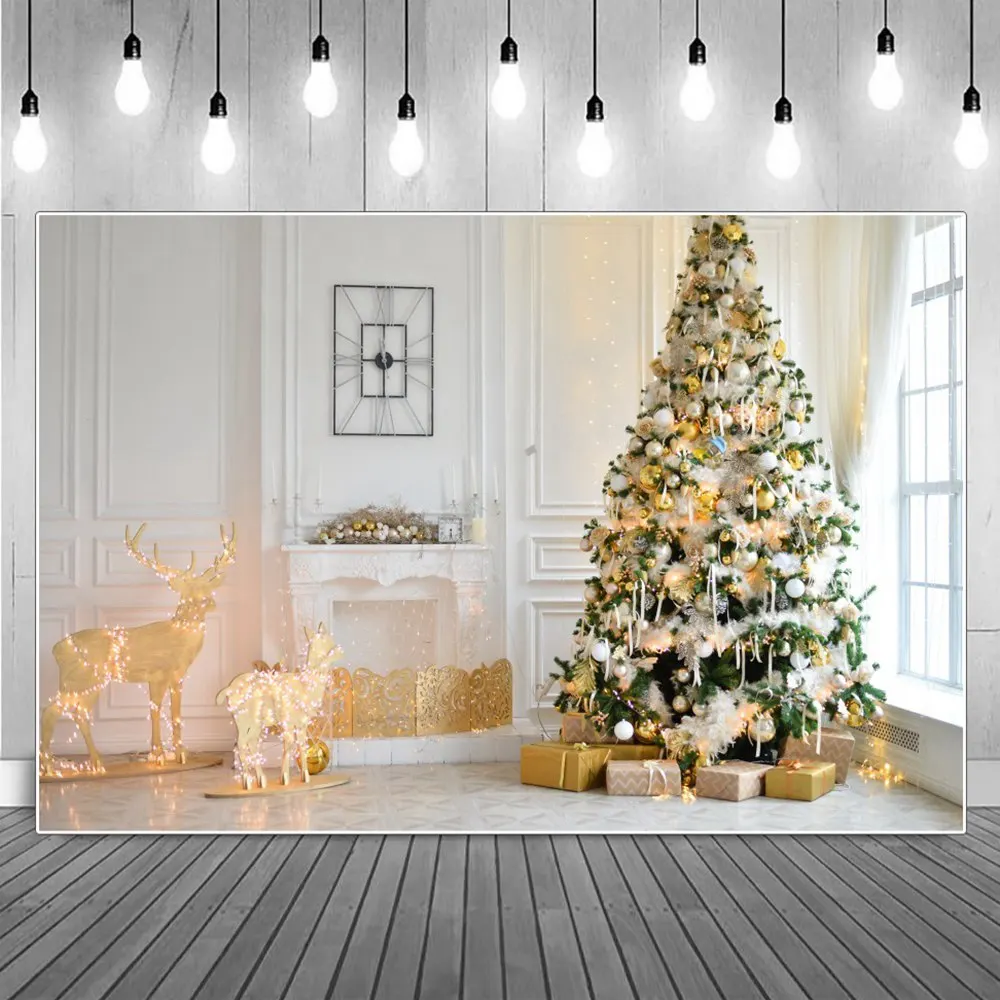

Golden Light Christmas Reindeers Decoration Photography Backdrops Custom Children Snow Flower Tree Gifts Home Photo Backgrounds