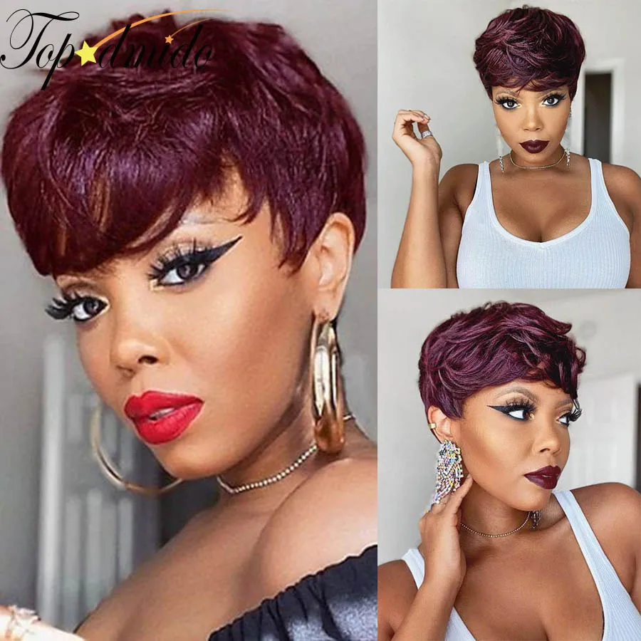 Peruvian Hair Lace Wig With Bangs Dark Red Short Human Hair 4x4 Closure Wigs Glueless 13x4x4 Lace Front Wig