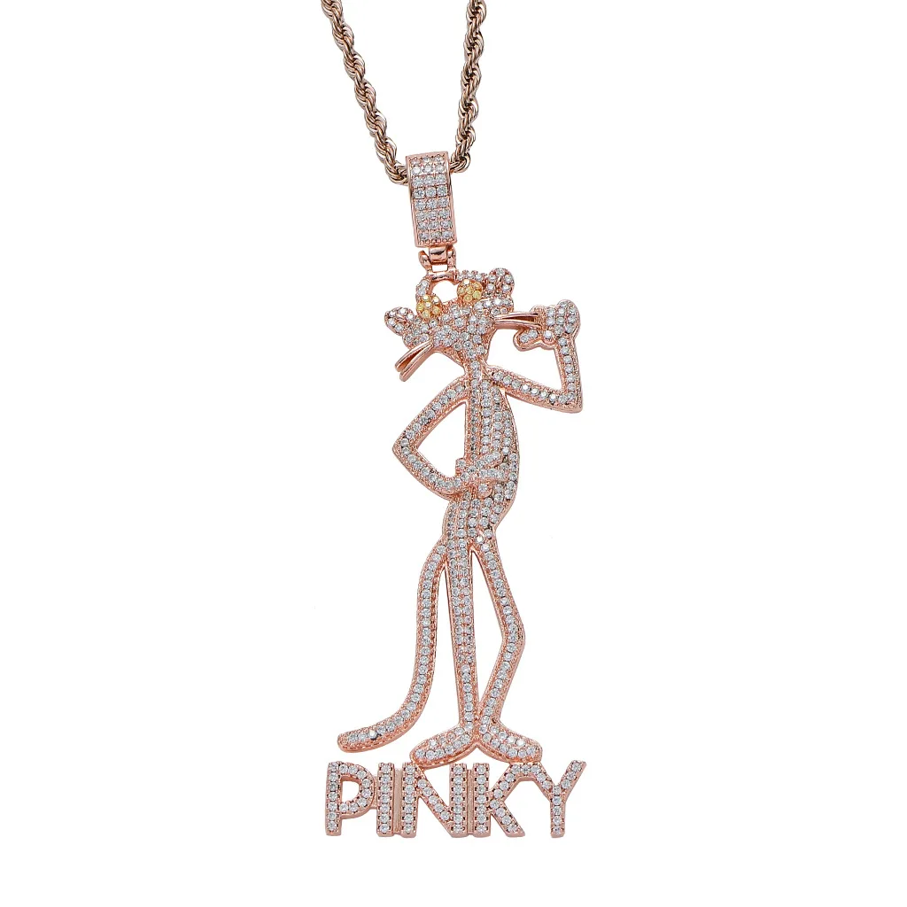 

Cartoon Pink Panther Pinky Gilded Iced Out Cubic Zircon Pendant Necklace 24'' Chain Charms Bling Hip Hop Jewelry