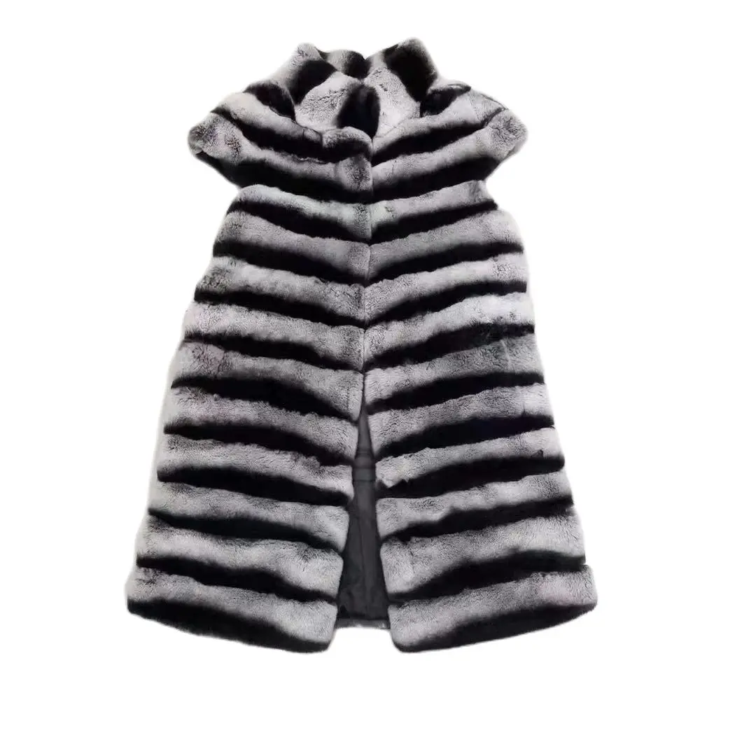 

Women's Chinchilla striped Jacket Rex Rabbit fur winter thickened fur coat 2023 new fashion vest