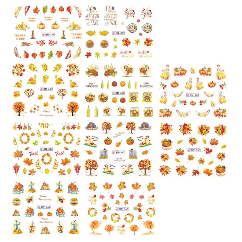 

10 Sheets Thanksgiving Theme Nail Art Stickers DIY Fall Maple Leaf Pumpkin Harvest Self-Adhesive Nail Stickers