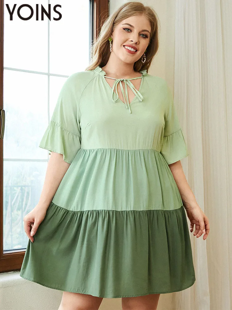 

YOINS Bohemian Color Patchwork Mini Dress Plus Size Sundress 2022 Summer Women Short Sleeve V Neck Ruffled Party Vestidos Robe