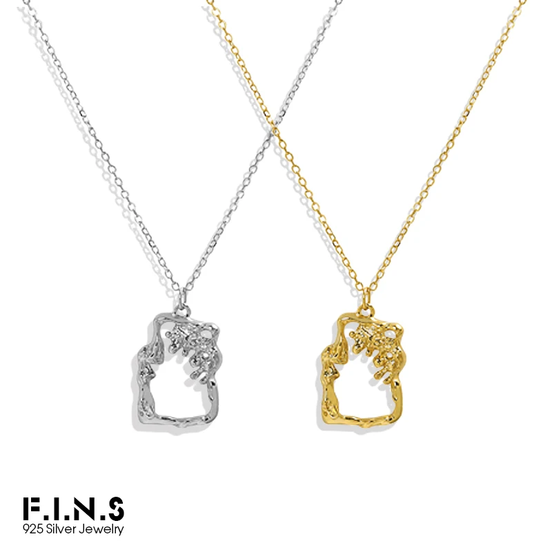 

F.I.N.S Geometric Irregular Lava 925 Sterling Silver Gold Necklace Hollow Square Pendants for Women Clavicle Chain Silver 925