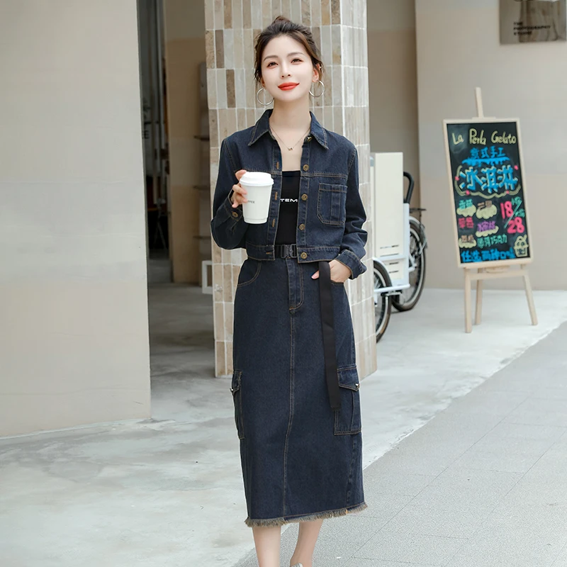 Комплект из двух предметов с юбкой Женский Осенний джинсовый пиджак и платье