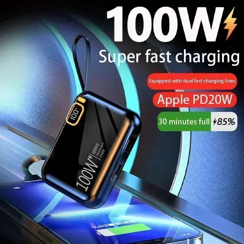 Фото Портативный внешний аккумулятор 50000 мАч PD100W, съемный кабель USB-TYPE C, двустороннее быстрое зарядное устройство, мини-Powerbank для iPhone, Xiaomi, Samsung №3