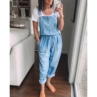 spring autumn thin loose casual womens denim jumpsuit lace up elastic waist overalls solid color wide leg trousers bodysuit 6218