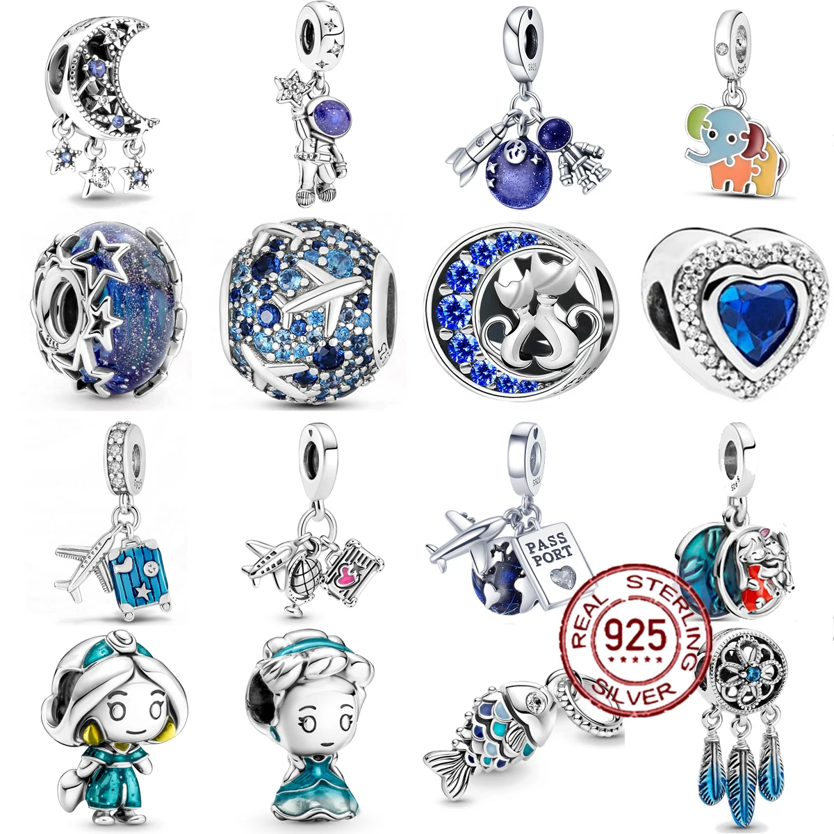 

925 Sterling Silver Blue Series Moon Space Girl Princess Charms Fit Original Pandora Bracelet Beads for Women Jewelry DIY Gift