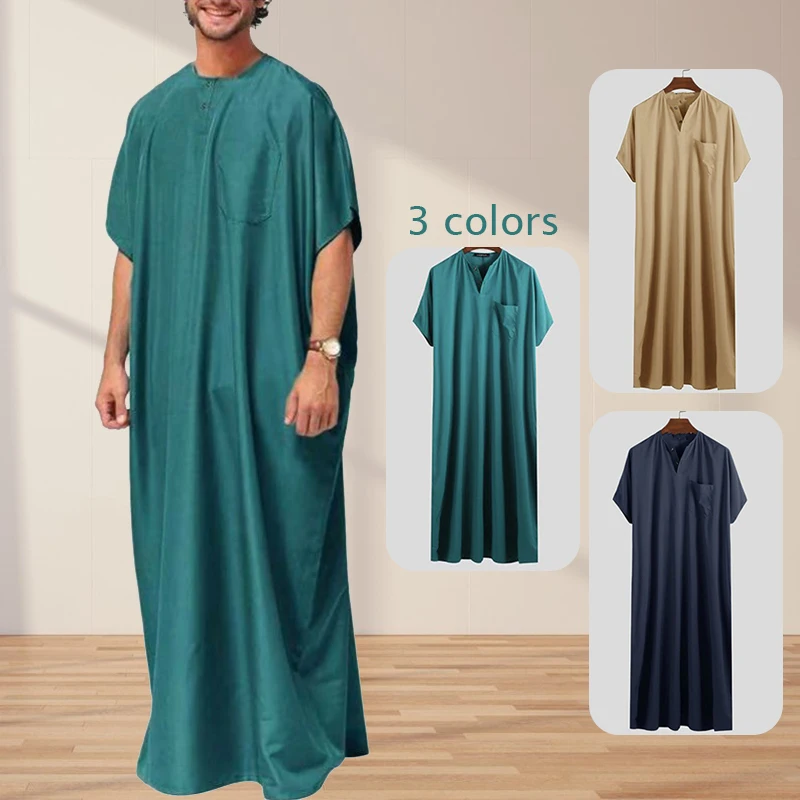 

Мужской мусульманский халат с коротким рукавом, винтажное мягкое удобное платье в стиле Саудовской Аравии, платье-рубашка, новинка 2023, мусульманский Халат