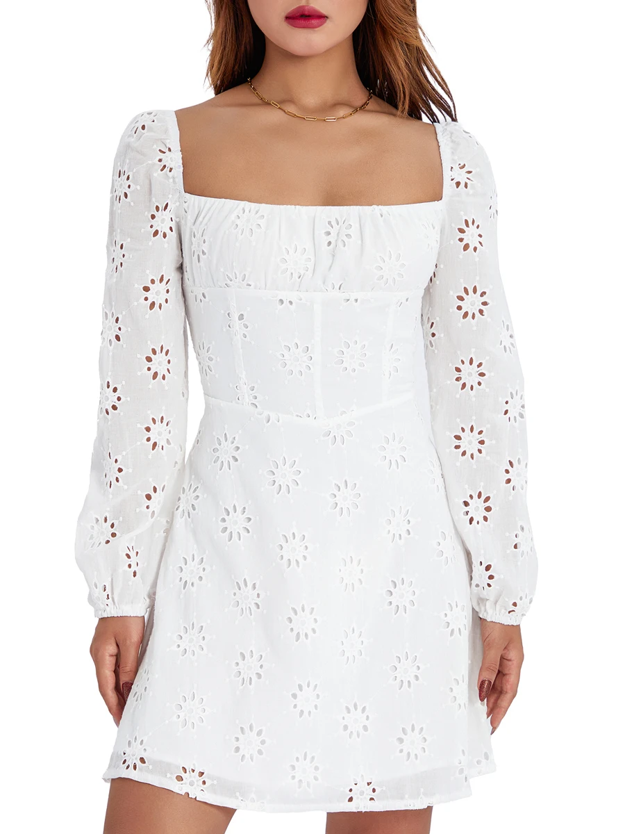 

Women s Square Neck Ruffle Sleeve Floral Embroidered A-Line Dress with Corset Detail and Ruched Bust