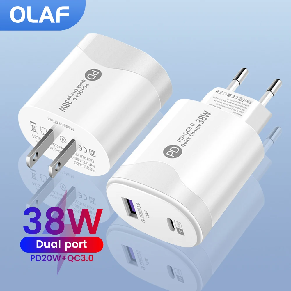 

Olaf USB C Charger 38W Fast Charging Charger 2Ports Type C Mobile Phone Charger PD Power Adapter for Samsung Xiaomi iPhone QC3.0