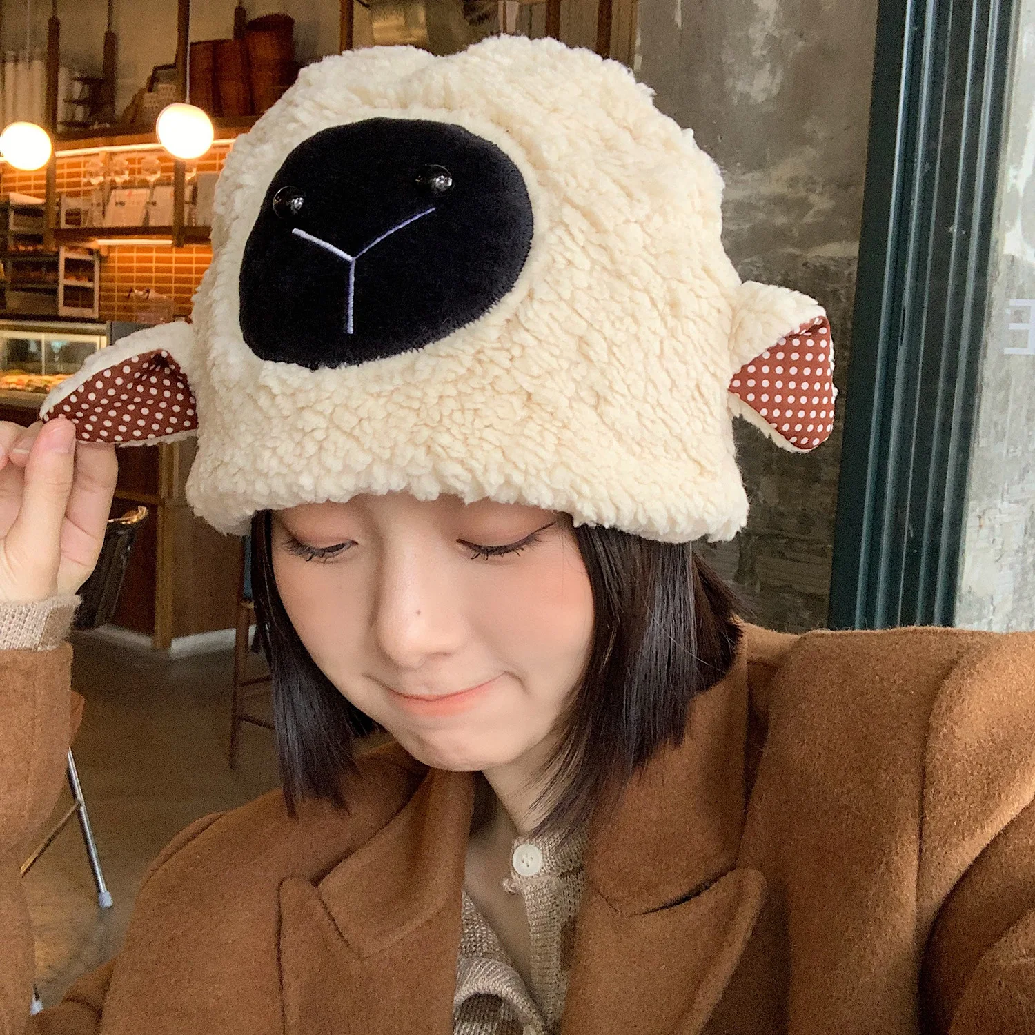 2022 Fashion Winter Women Novelty Beanies Caps Warm Cute Sheep Ear Hats Plush Casual Outdoor Windproof Lamb Hair Pullover Cap