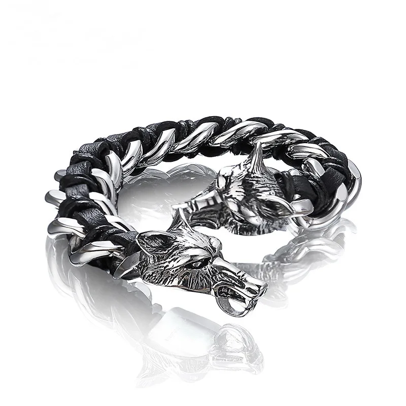 

Motorcycle Personality Retro Punk Style Bracelet Men Stainless Steel Woven Cowhide Double Wolf Head Chain