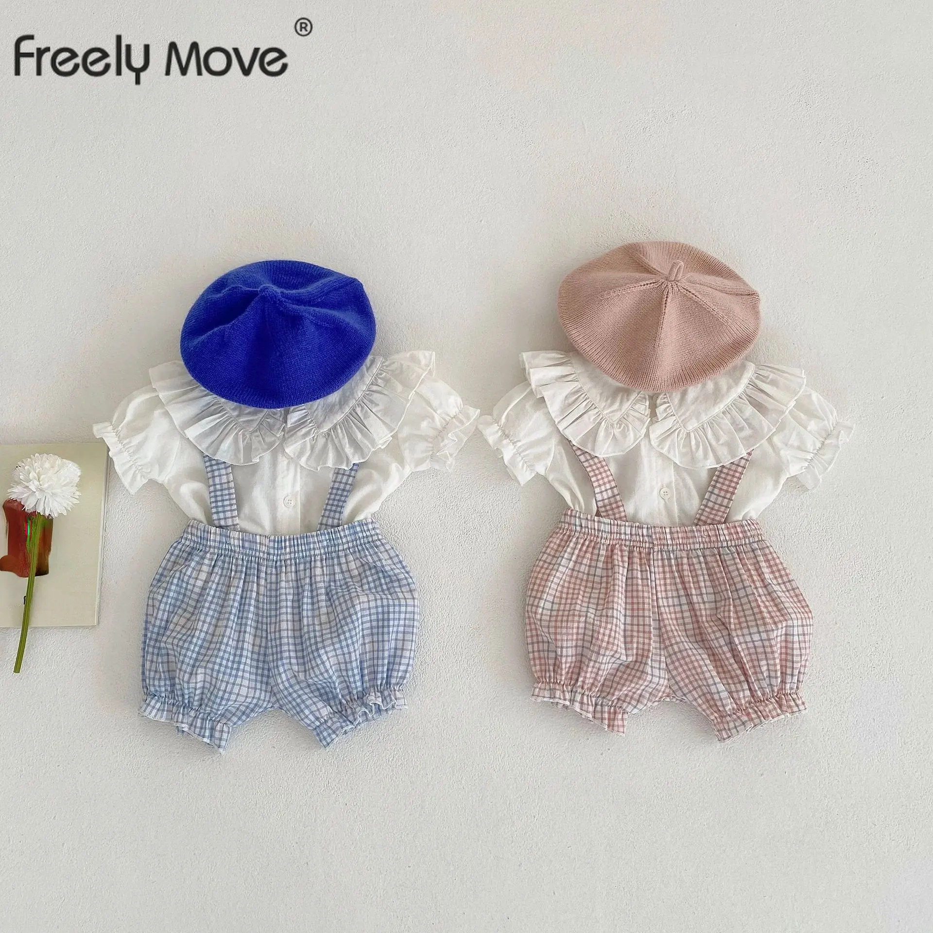

Newborn Baby Set for Girls Spring Summer Solid Short Sleeve Tops+Plaid Romper Infant Suits Kids Baby Children Clothing
