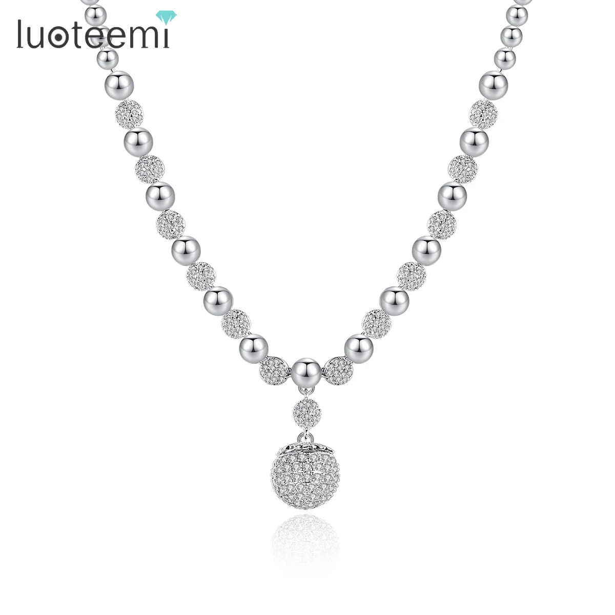 

LUOTEEMI Multiple Silver Color Balls Necklace for Women Full CZ Stones Paved Pendant for Girl Korean Fashion Kids Accessories