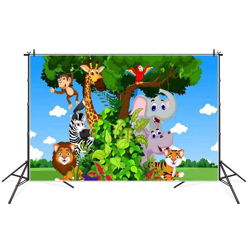 

Grassland Animals Safari Party Decoration Photography Backdrops Custom Green Vine Tree Lion Baby Kids Birthday Photo Backgrounds