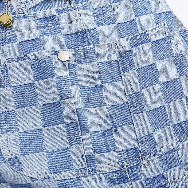 Men Overalls Strap Jeans Summer Fashion Loose Button Plaid Jeans Men's Casual Strap Pocket Denim Sports Straight Pants Trousers