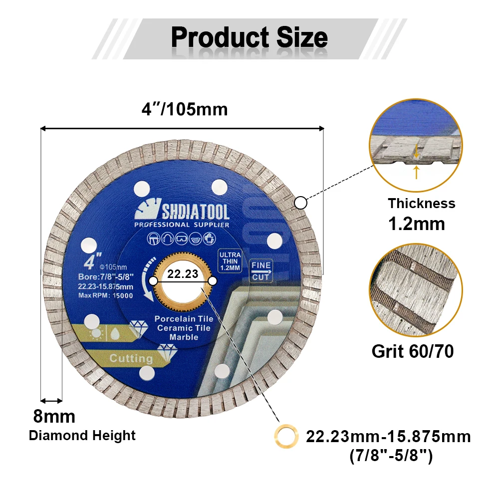 

Алмазный режущий диск SHDIATOOL диаметром 4/4, 5/ 5 дюймов, сверхтонкий прямой Циркулярный Пильный Диск Turbo, керамическая, фарфоровая плитка, гранит, мрамор
