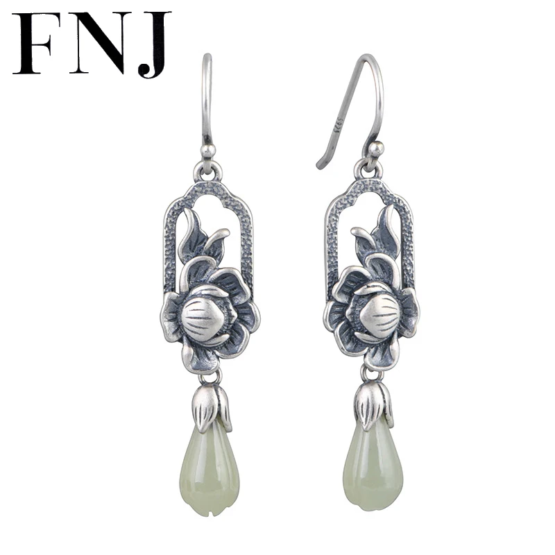 

FNJ Peony Flower Drop Earrings 925 Silver Original Pure S925 Sterling Silver Earring for Women Jewelry Natural Jade