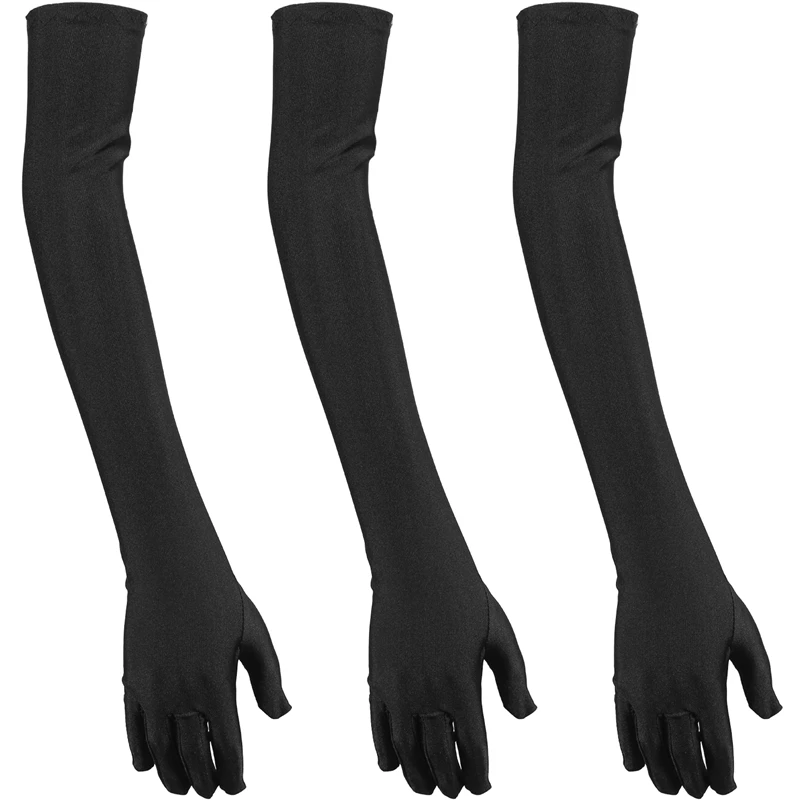 

3 Pair Lady Satin Gloves Formal Party Festival Long Black