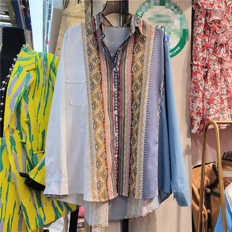 

SuperAen Retro Contrast Denim Patchwork Flower Casual Shirt Women 2022 New Spring Loose Full Blouse