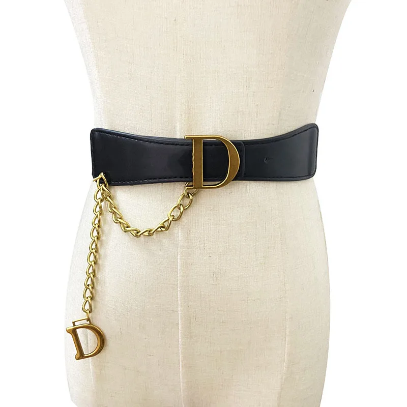 

Women Belts PU Leather Elasticity Belt Luxury Brand Metal D Buckle Waist Strap With Chain Designer Waistband Girdle for Jeans