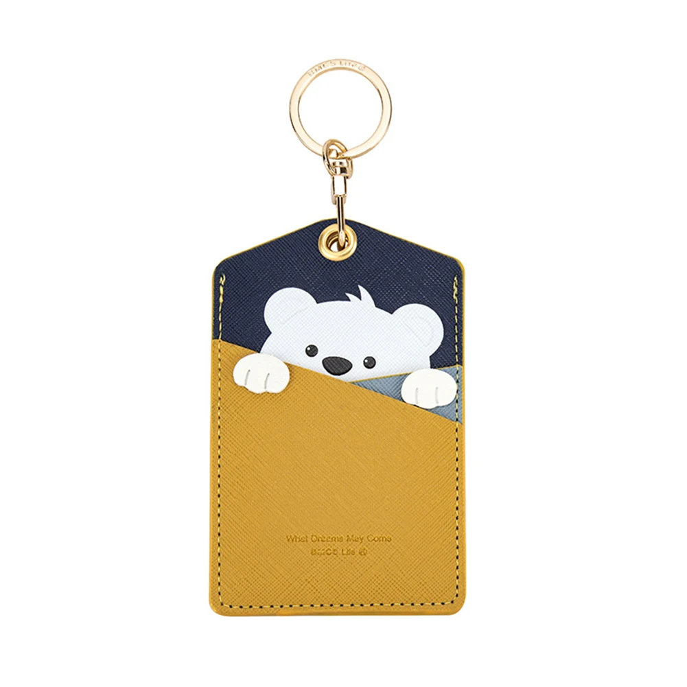 High Quality Credit Card ID Badge Holder Cute Cartoon Leather Bear Pass Case Cover Card Case Key Holder Ring Luggage Tag Trinket