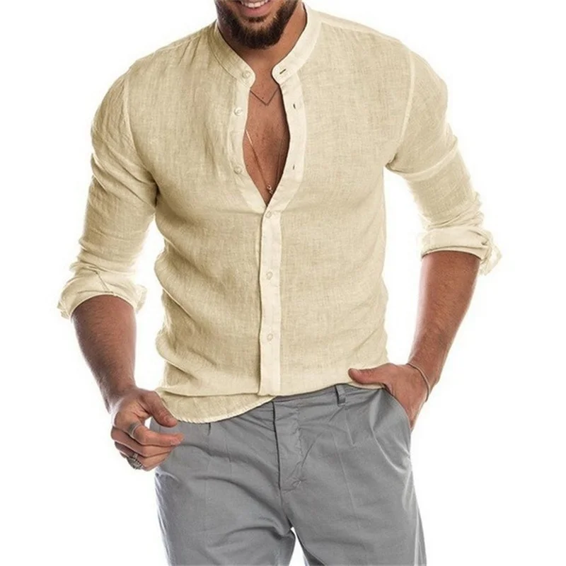 New Men's Solid Color Linen Long Sleeve Shirt  Cardigan Long Sleeve  Men's Shirt