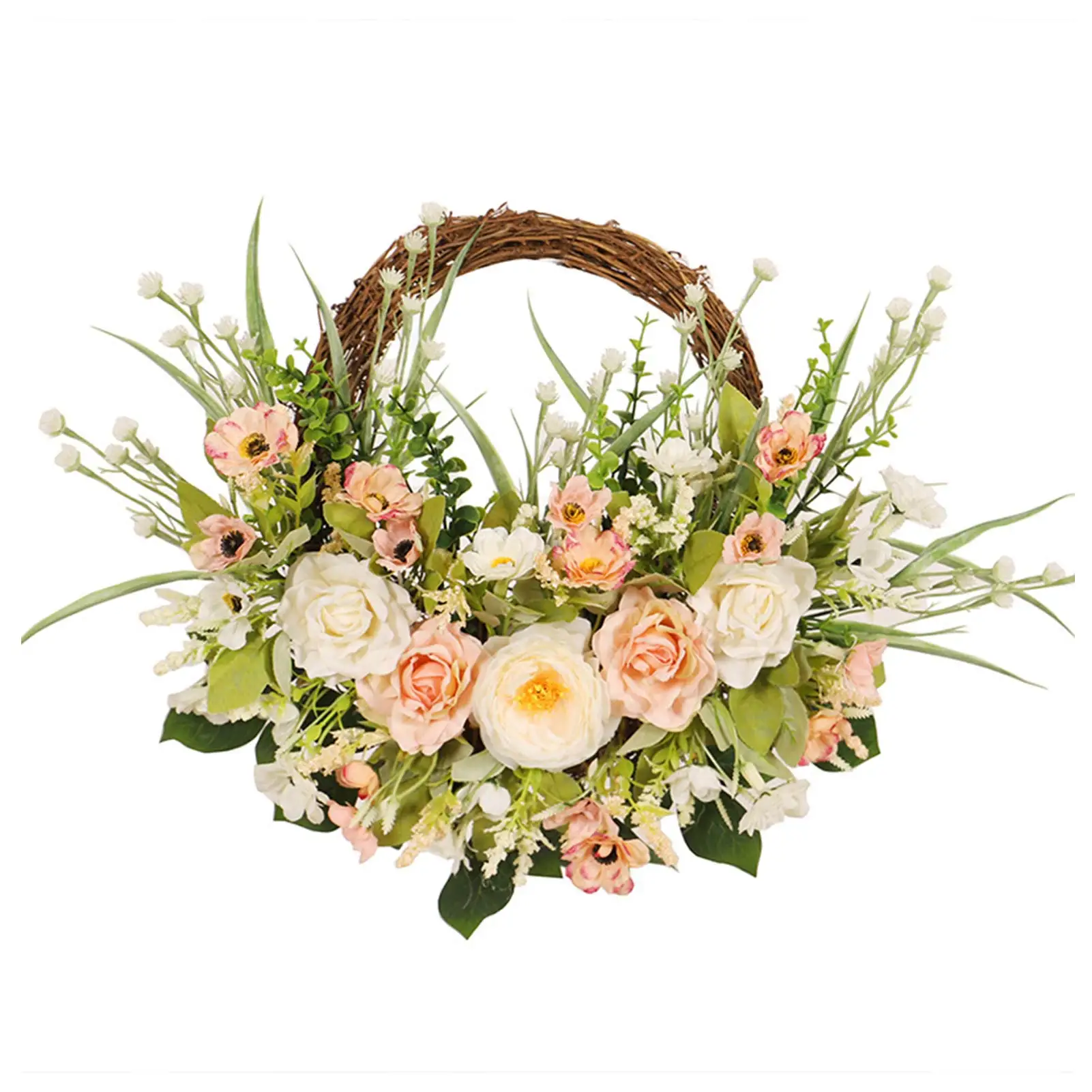 

Artificial Rose Cherry Blossom Green Leaves Wreath Artificial Rose Cherry Blossom Wreath 15.7 Inch Wall And Window Decor