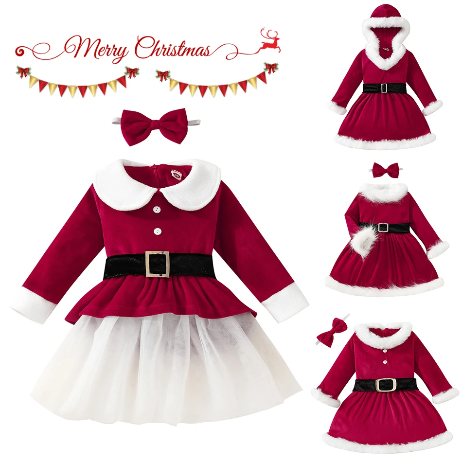 Рождественское платье для девочек сетчатое с длинными рукавами и поясом +