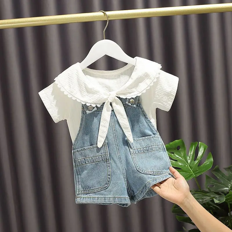 

Girls Clothing Set 2022 New Fashion Lace Casual Solid Navy Collar Shirt + Denim Pants Baby Girl Clothes Birthday Outfit 1-5Y