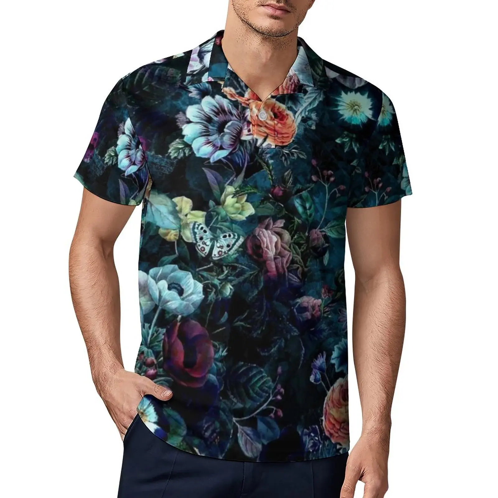 

Рубашка-поло мужская с цветочным принтом, винтажная Повседневная рубашка с воротником, с коротким рукавом, в стиле кэжуал, для ночного сада