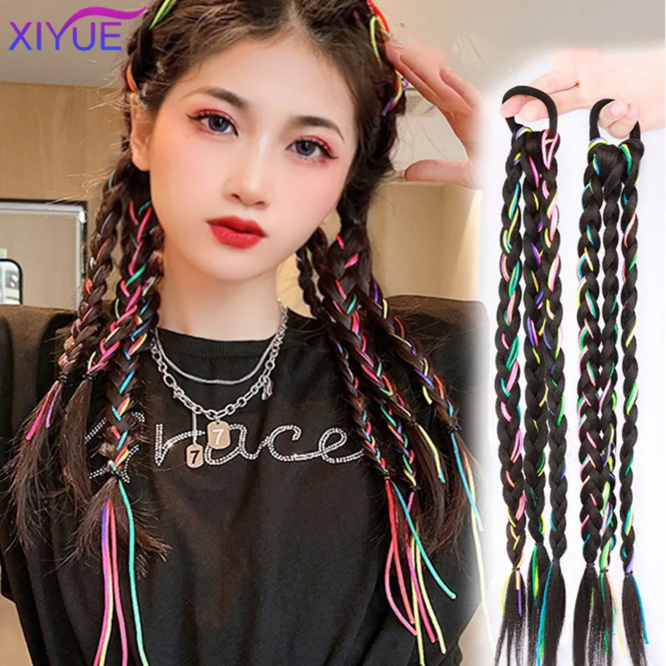

XIYUEColorful Boxing Braid Y2K Millennium Spicy Girl ponytail long braid Sweet Cool wig braid High grade color rope leather band