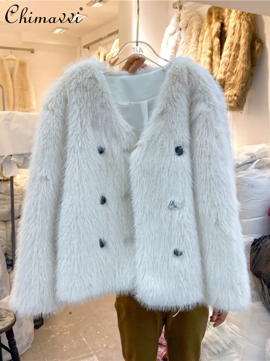 

High-End Double-Breasted Fox Fur Coat for Women 2022 Winter New Fashion Fur Integrated Temperament Long Sleeve Furry Jacket