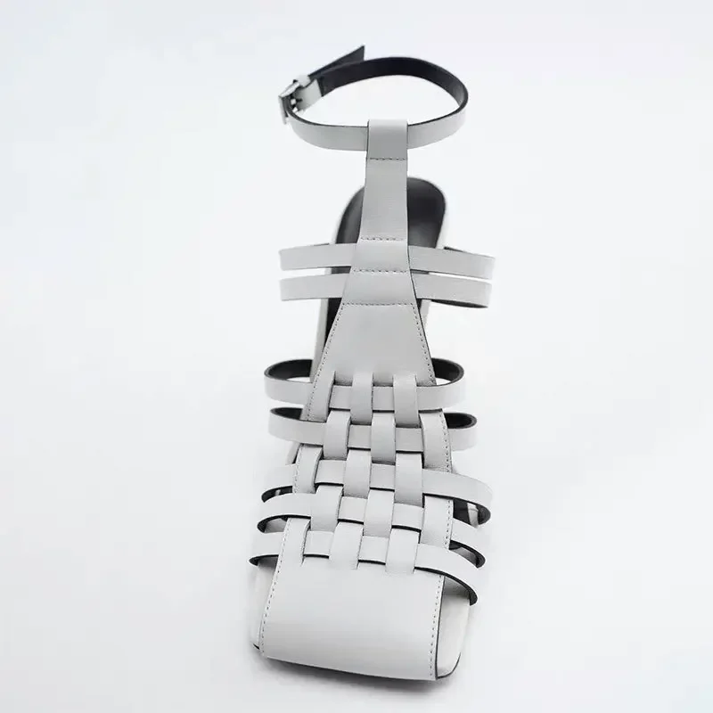 Тканые сандалии с квадратным носком и открытой спиной женская обувь на высоком