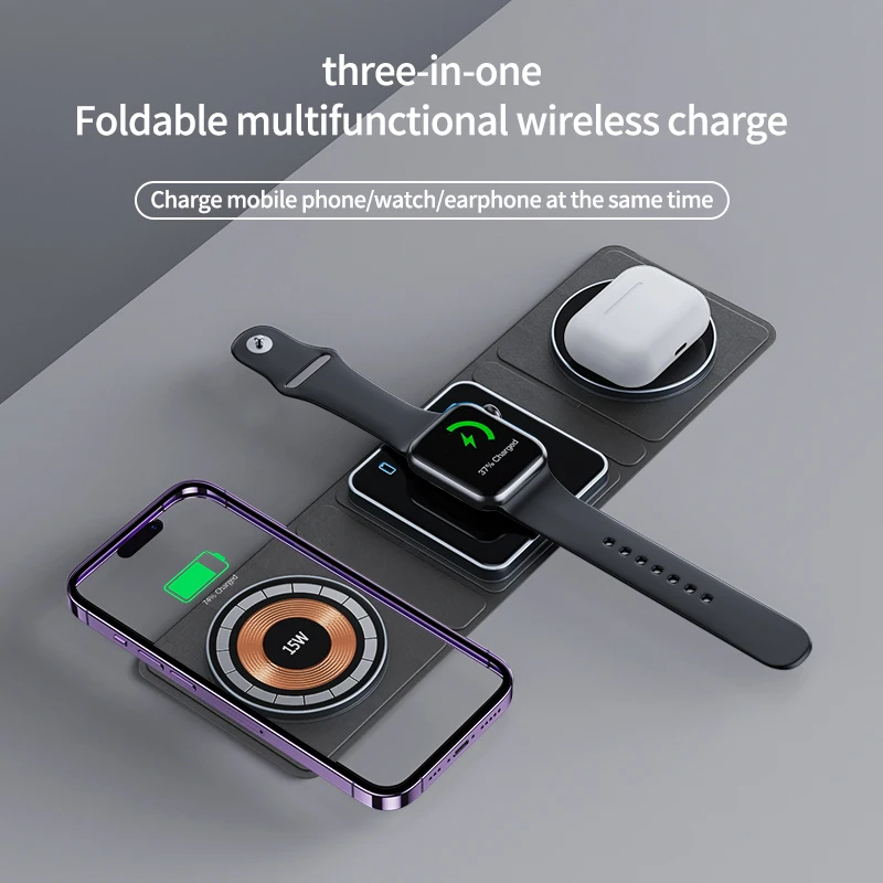 3-в-1 складное Беспроводное зарядное устройство для iPhone, магнитная Складная зарядная станция 3-в-1, дорожная Зарядка для Apple Iwatch IPhone 14