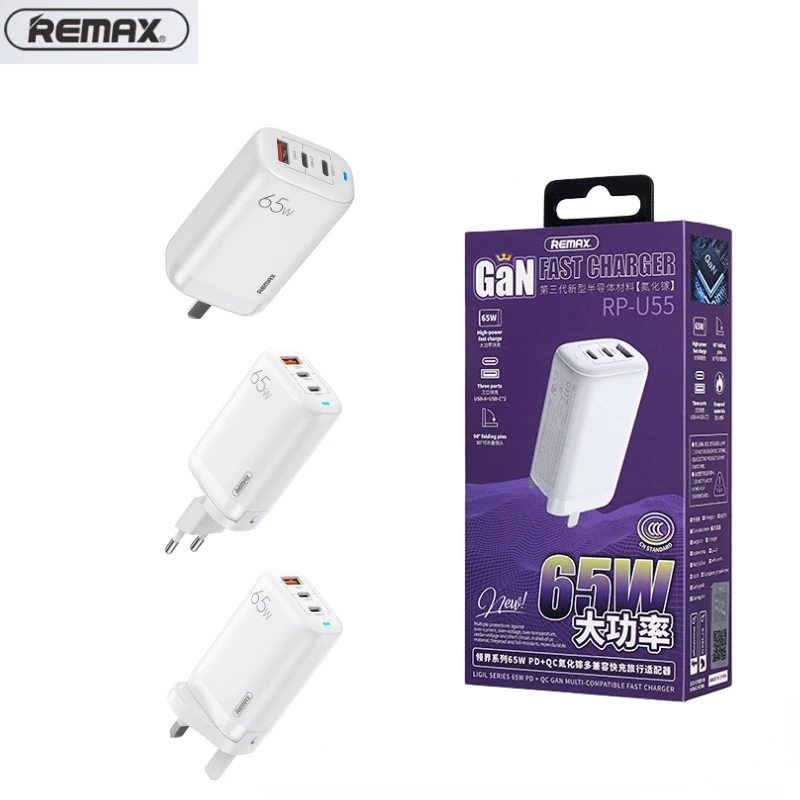 

Fast Charge Charger Remax RP-U55 65W GaN Wall Battery Charger Type C USB Portable Chargers for Xiaomi iPhone Huawei Phone Laptop