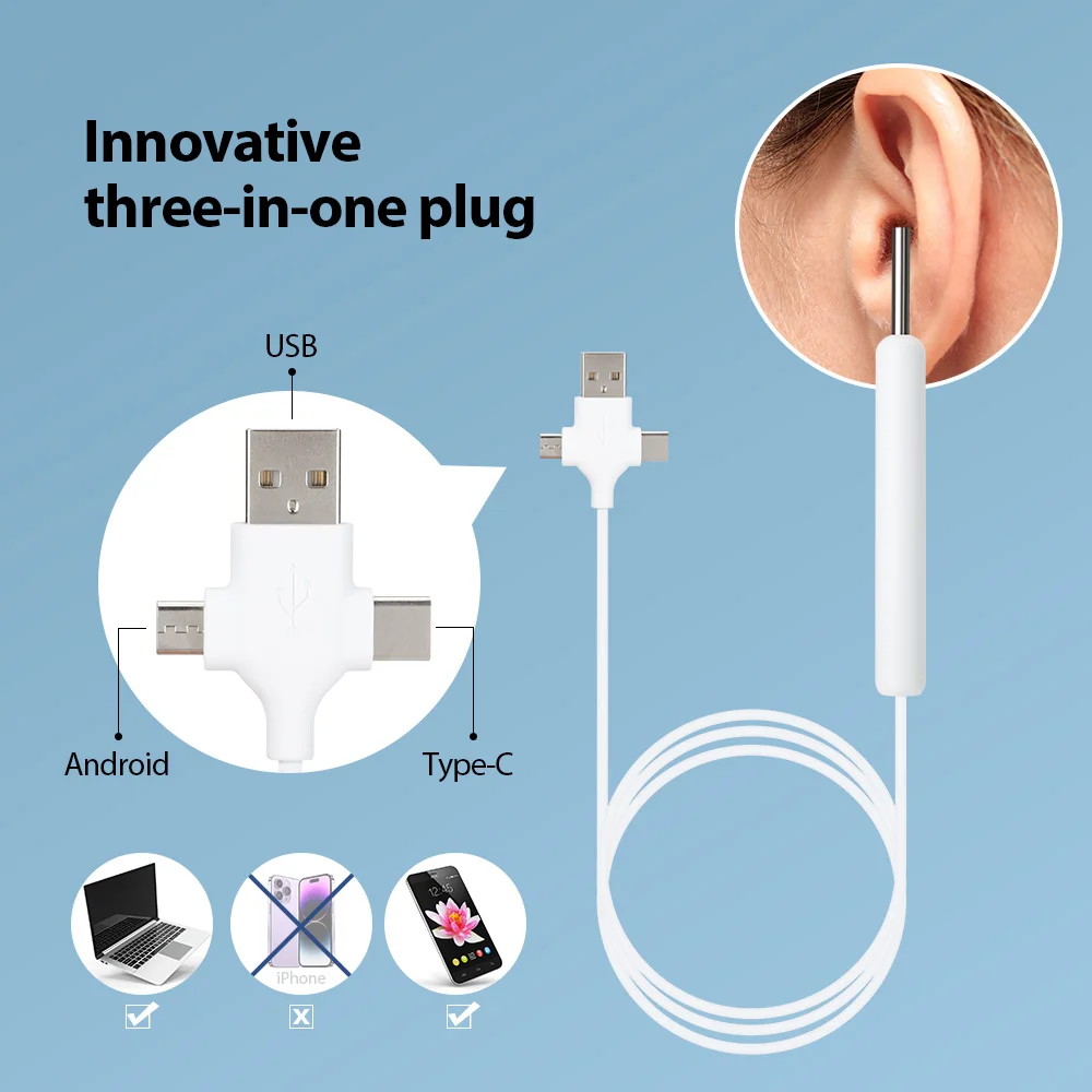 Фото Визуальный HD-эндоскоп для ушей 3 в 1, USB-эндоскоп для чистки, инструмент для камеры наблюдения, удаление ушного воска для телефона Android, ПК №3
